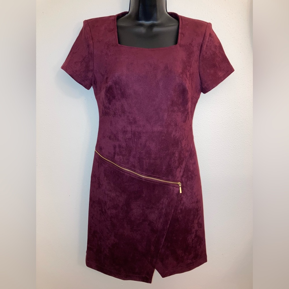 Calvin Klein Faux Suede Square Neck Asymmetrical Zip Short Sleeve Sheath Dress - Picture 3 of 15